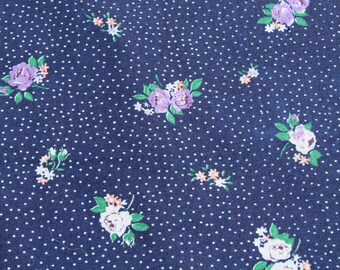 Vintage Lavender Purple Roses & White Polkadots on Blue Cotton Fabric, Quilting Sewing Doll Dress Material