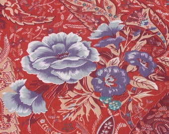 Vintage Floral Cotton Fabric: Burnt Orange, Purple, Teal - By The Yard