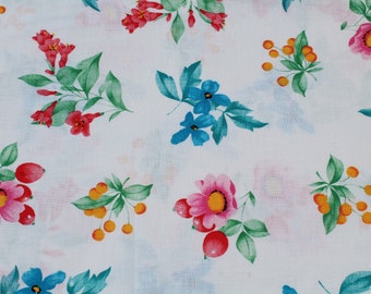 Pink & Blue Floral Print Fabric - Flowers on White - Lightweight Cotton