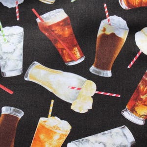 May include: A pattern of various refreshing beverages on a black background. The image features illustrations of soda floats, iced drinks, and other cold beverages with straws. The drinks are in different glasses and bottles.