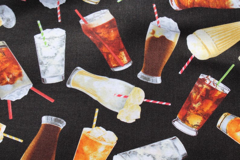 May include: A pattern of various refreshing beverages on a black background. The image features illustrations of soda floats, iced drinks, and other cold beverages with straws. The drinks are in different glasses and bottles.