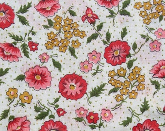 Vintage Pink & Red Floral Print on Cream Background Cotton Fabric for Doll or Girl Dress Quilting, Sewing