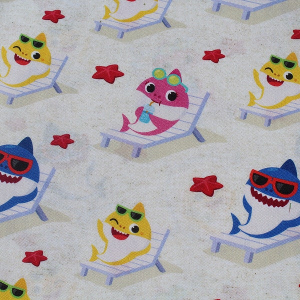 Baby Shark On Beach Chairs Cotton Fabric by the Yard, Novelty Quilting Sewing Crafting Material