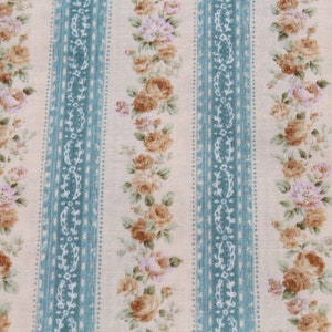 Floral Cotton Fabric: Pink Roses, Brown Stripes, Shabby Chic Style