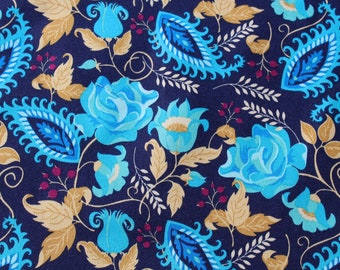 Turquoise Blue Rose Sewing Cotton Fabric with Mustard Yellow Flowers and Leaves