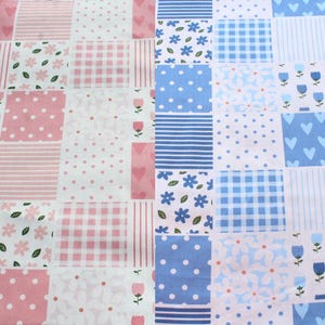 Baby Pink or Blue Patchwork Cotton Fabric by the Yard, Nursery Cheater Quilt Print