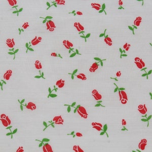 Red Small Rose Bud Semi-Sheer Fabric On White by the Yard, Lightweight Cotton, Doll Girl Dress Lightweight Curtain Shabby Chic Material BTY