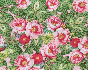 Pink Roses & Green Leaf 100% Cotton Fabric, Floral Print