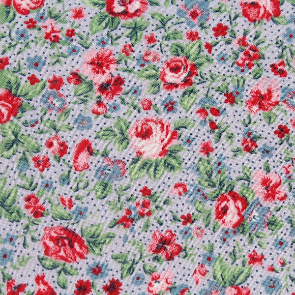 Spring Fabric - Small Pink Rose & Blue 100% Cotton Fabric by the Yard Calico Floral Print for Doll or Girl Dress Quilting and Sewing
