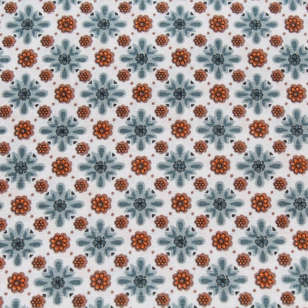 50s Geometric & Small Floral Print Cotton Fabric in Gray, Sienna Burnt Orange and White, Feedsack Style, by the Half yard