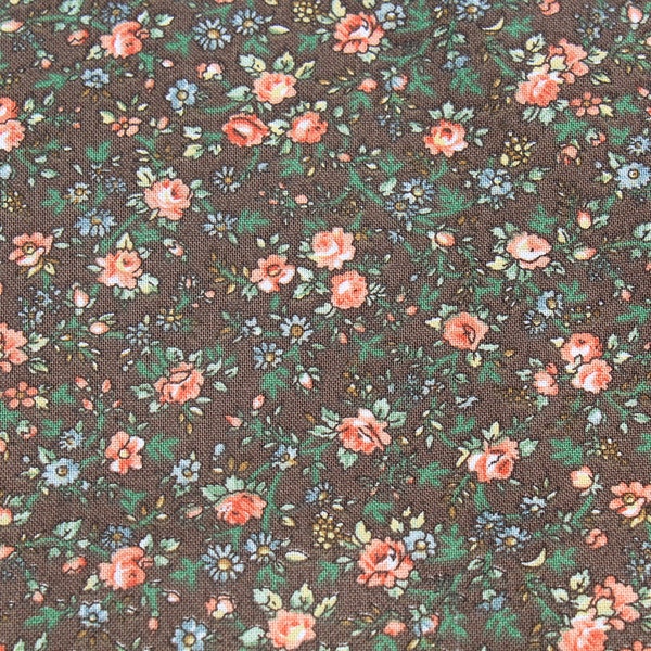Small Print 100% Cotton Fabric by the Yard Orange Roses on Chocolate Brown Country Calico for Doll Girl Dress Sewing Quilting