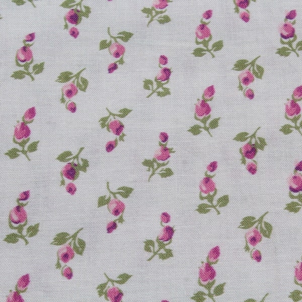 Small Purple Pink Rose Buds on White 100% Cotton Fabric by the yard, Freckles & Lollie Lilians Garden Summer, Shabby ChicGirl Dress