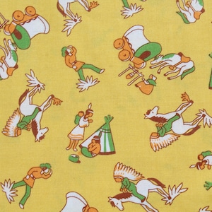 May include: A yellow fabric with a repeating pattern of Native American figures riding horses, riding in wagons, and in teepees. The figures are drawn in a cartoon style with brown, green, and white colors.