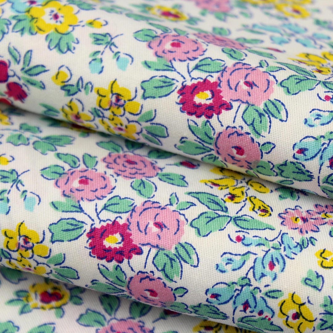 Vintage Style Pink, Blue Floral Print Cotton Twill Dress Fabric by the Yard
