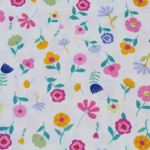 Pink, Yellow & Blue Floral Print on White Green Cotton Fabric, Dear Stella, Precut Yardage