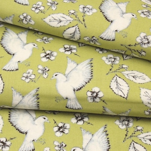 White Dove on Light Green Cotton Fabric by the Yard, Garden Birds Debbie Shore