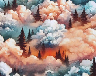 May include: Watercolor painting of a dreamy landscape featuring fluffy clouds in shades of orange, white, and blue. Dark green pine trees are scattered throughout the scene, creating a serene and naturalistic aesthetic.