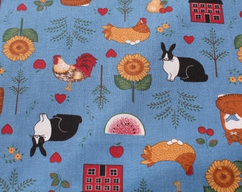 Country Farm House & Animal Cotton Fabric by the Yard