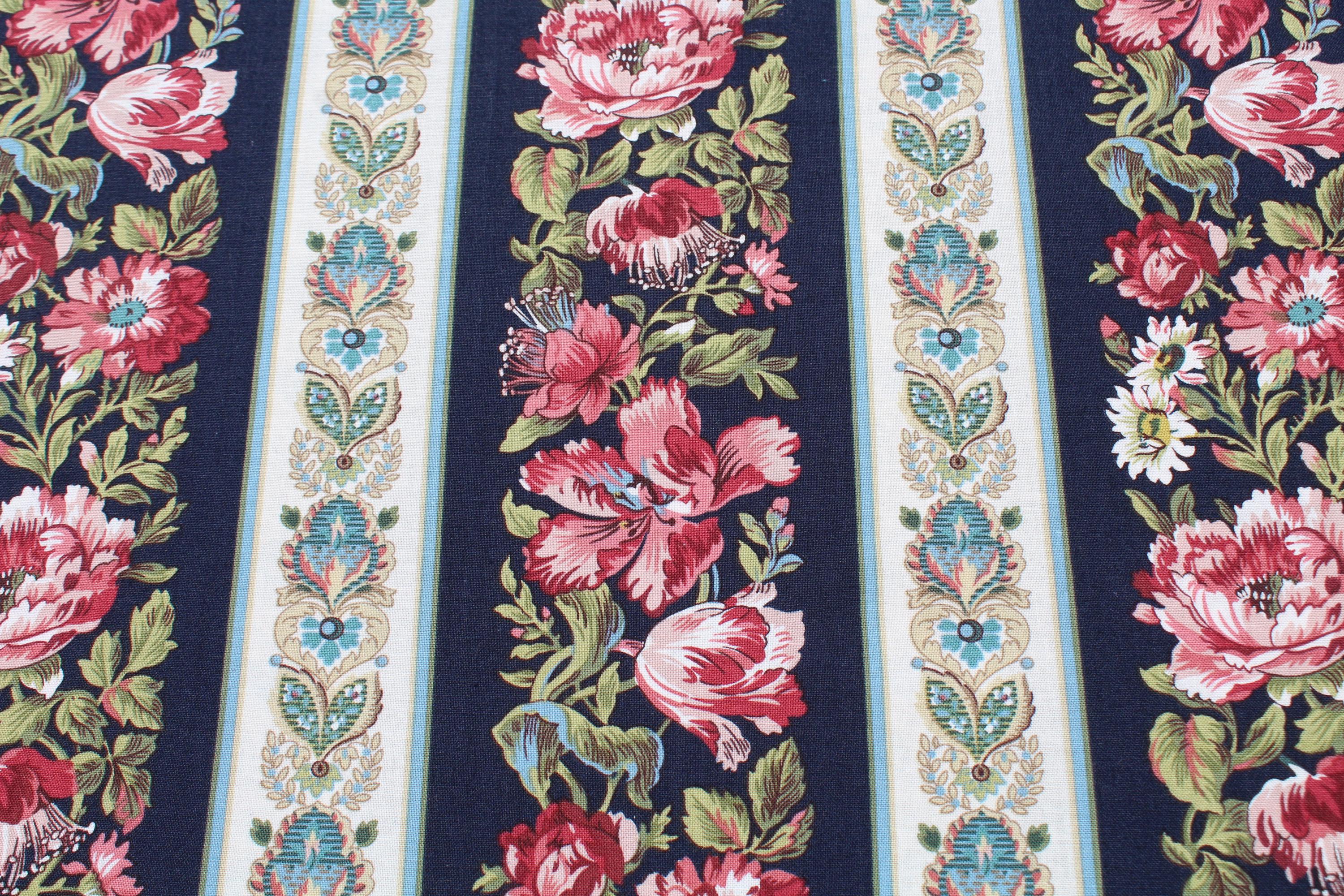 Floral Print Striped Border 100% Cotton Fabric by the Half Yard