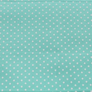 May include: A turquoise fabric with a white polka dot pattern.