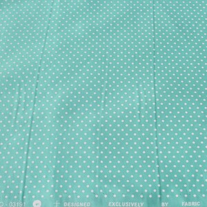 May include: Teal fabric with a white polka dot pattern. The fabric has the text "DESENHO - 03191" and "DESIGNED EXCLUSIVELY BY FABRIC FINDERS" printed on the bottom.