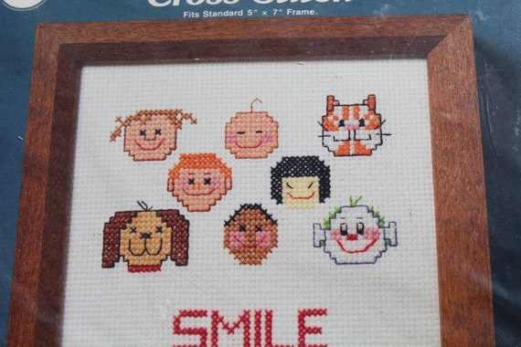 Vintage Counted Cross Stitch Embroidery Kit With Smiley Faces Easy Kids Sewing Project To Frame Kits Craft Supplies Tools Minyamarket Com