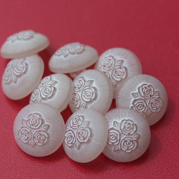 Vintage Frosted Sewing Buttons, White Roses, Shabby Chic, Floral Flower Etched, 5/8 inch Shank back, Jewelry, Craft Lot of Buttons