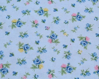 Cottage Charm Baby Blue & Pink Rose Cotton Fabric by the Yard, Timeless Treasures Antique look