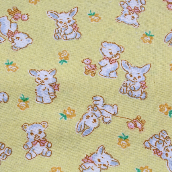 1930s Style Small Teddy Bear & Bunny Rabbit Fabric by the Yard on Butter Pastel Yellow, 100% Premium Cotton Reproduction