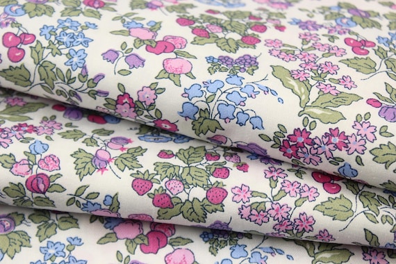 Strawberry Floral Cotton Twill Dressmaking Fabric by the Yard, Pink Purple Blue Flowers