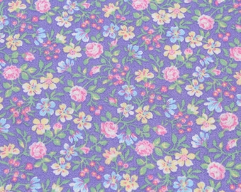 Small Pink Roses on Lavender Purple 100% Cotton Fabric by the Yard, Floral Calico Print, Sewing, Doll Dress