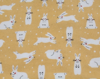 White Bunny Rabbits on Mustard Yellow 100% Cotton Flannel Fabric by the Yard