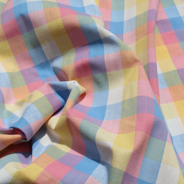 Pastel Rainbow Plaid Check Gingham Fabric by the yard, Lightweight Shirt Blouse Material, Pink Blue Yellow Purple, BTY Yardage