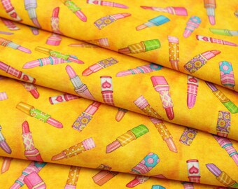 Lipstick Toss Cotton Fabric by the Yard, Girls' Makeup QT Dan Morris
