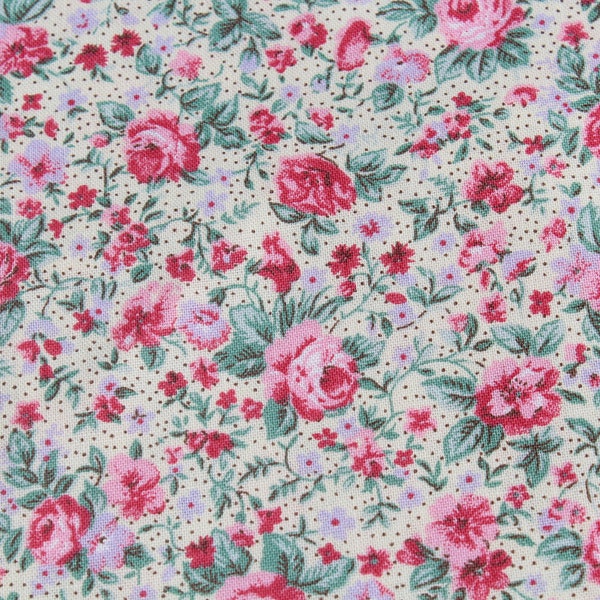 Small Pink Rose & Cream Calico 100% Cotton Fabric by the Yard Floral Print for Doll or Girl Dress Quilting and Sewing