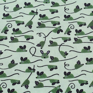 May include: Fabric with a repeating pattern of green mice with purple ears and black tails on a light green background. The mice are in various poses, some with curled tails.