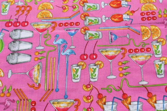 Martini & Cocktail Drinks on Hot PInk 100% Cotton Fabric by the Yard, Tropical Punch Benartex