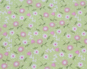 Small Daisy Floral Cotton Fabric – Mint Green with Pink Flowers, Quilting Sewing Material