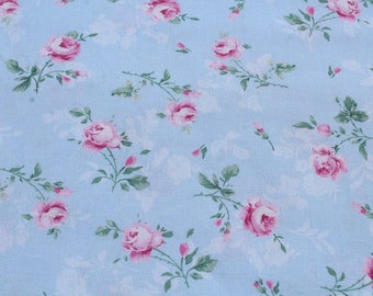 Cottage Charm Pink Rose on Baby Blue Cotton Fabric by the Yard, Vintage Look for Doll or Summer Girl Dress