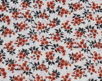 Petite Floral Print Cotton Fabric by the HALF Yard, Small Burnt Orange & Black Flowers, Doll Dress