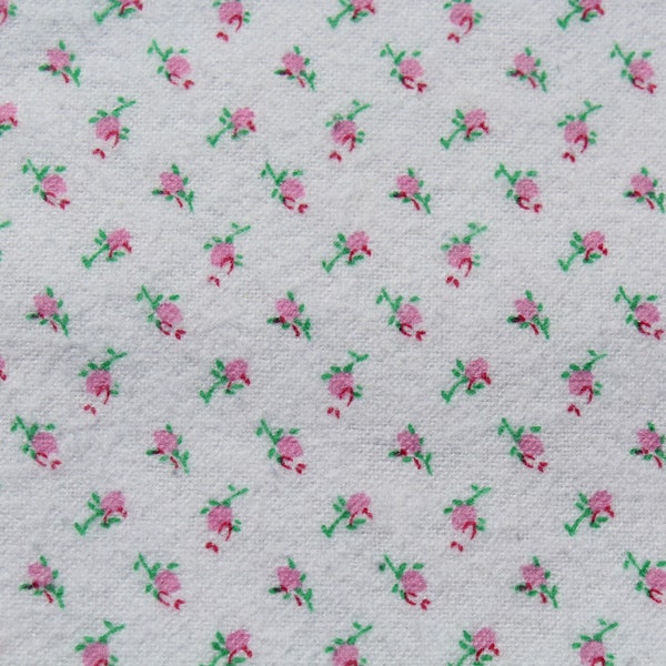 Spring Flannel Fabric with Tiny Pink Rose Buds on White by the Yard, Old Fashioned Floral Print for Doll or Girl Dress