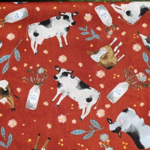 Tossed Cow & Milk Bottle Print 100% Cotton Fabric on Baby Blue by the Half Yard - Farm Country Blank Quilting2781