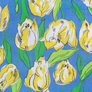 Vintage 50s Fabric with Yellow Tulip Cotton Fabric on Blue with Green leaves