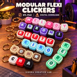 May include: A collection of modular flexi clicker keychains featuring square, colorful, interlocking blocks with letters spelling out names like MELODY, KUROMI, KITTY, CIRO, POM, CHA, and KEERO, each attached to a gold-toned metal split ring.