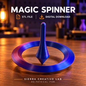 May include: A blue and purple gradient magic spinner toy featuring a central conical post and a surrounding ring. The text reads MAGIC SPINNER, STL FILE, DIGITAL DOWNLOAD, SIERRA CREATIVE LAB, and NO PHYSICAL ITEM.