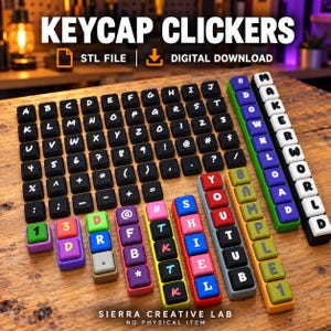 May include: A collection of 3D printed mechanical keyboard keycaps in various colors including black, purple, blue, green, yellow, and red. The set features letters, numbers, symbols, and text including DOWNLOAD, MAKERWORLD, YOUTUBE, and SHIELD.