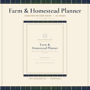 May include: A Farm & Homestead Planner undated record book with 25 pages. The cover is cream-colored with dark blue text, featuring the title, sections for animals, garden, home, and ledger, and a space for ownership information.