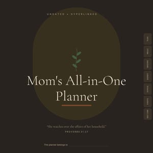 Puede incluir: Una portada de planificador digital marrón oscuro titulada Mom's All-in-One Planner con un óvalo central verde oliva, un pequeño gráfico de hoja verde y pestañas de navegación laterales para Index, Plan, Meals, Grocery, Budget, School, Events y Self Care.