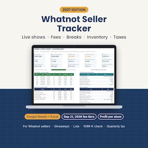 Może przedstawiać: Cyfrowy pulpit nawigacyjny zatytułowany 2027 Edition Whatnot Seller Tracker wyświetlany na ekranie laptopa. Interfejs pokazuje dane finansowe, pokazy na żywo, opłaty, przerwy, zapasy i podatki. Pod ekranem znajdują się przyciski Google Sheets + Excel, Sep 21, 2026 fee tiers oraz Profit per show.