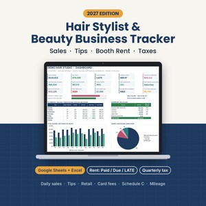 Op de afbeelding: Een digitale 2027 Hair Stylist & Beauty Business Tracker op een laptopscherm. Het dashboard toont diverse financiële statistieken, waaronder verkoop, fooien, huur en belastingen, weergegeven in tabellen, staafdiagrammen en een cirkeldiagram.